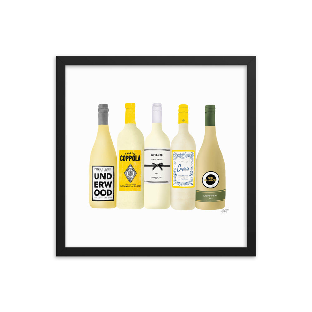 Ilustración de botellas de vino blanco - Impresión mate enmarcada
